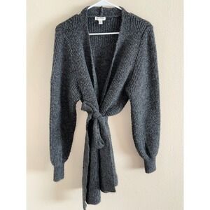Topshop Womens Gray Ribbed Knit Wrap Cardigan Sweater Balloon Sleeve Size Medium